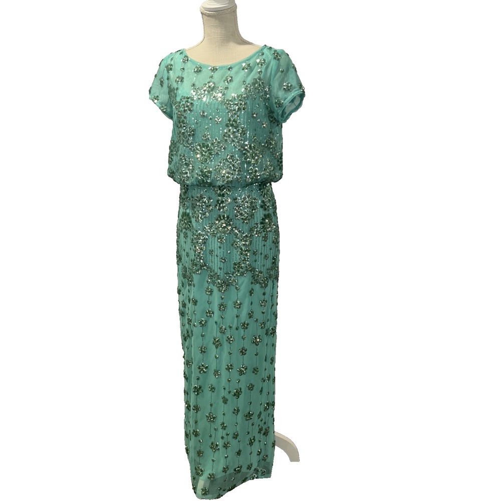 Brianna Teal Sequin Formal Maxi Dress Size 6 Prom Modest Gown Lined Oriental